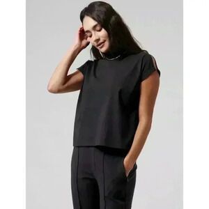 Athleta Away Mock Neck Tee Black Relaxed Lightweight Supima Cotton Blend Size M